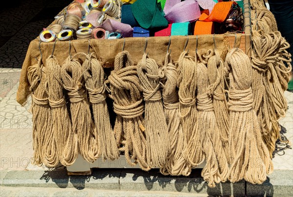 Bundle of linen rope in a market place