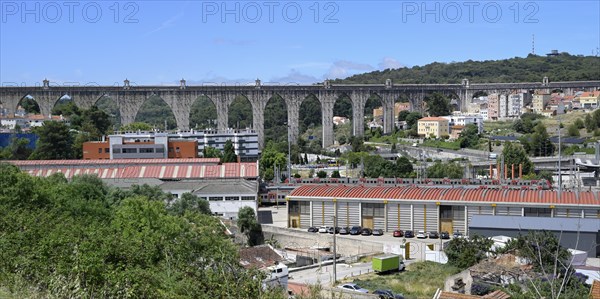 18th century historical Aqueduct of the Free Waters or Aguas Livres Aqueduct and railway depot