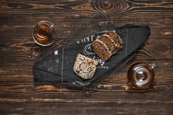 Overhead view of artisan rye bread with dried apricots