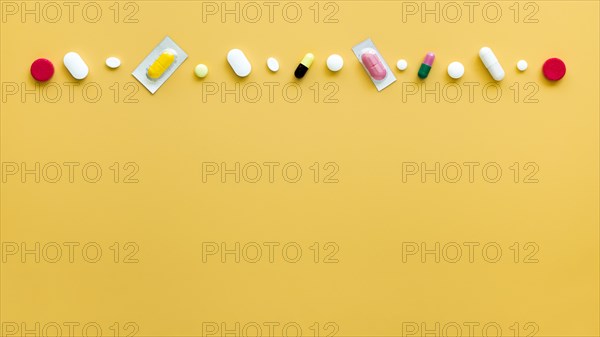 Top view different pills row with copy space. Resolution and high quality beautiful photo