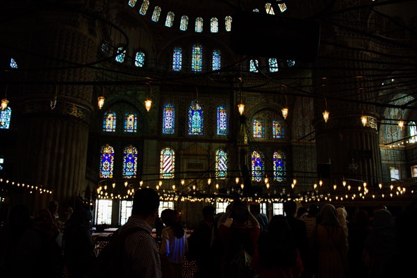 Interior of Ottoman style mosque with a huge pillars and arches