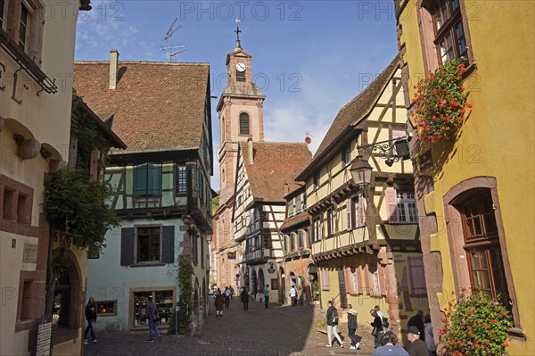 Colourful half-timbered houses in the historic old town of Riquewihr