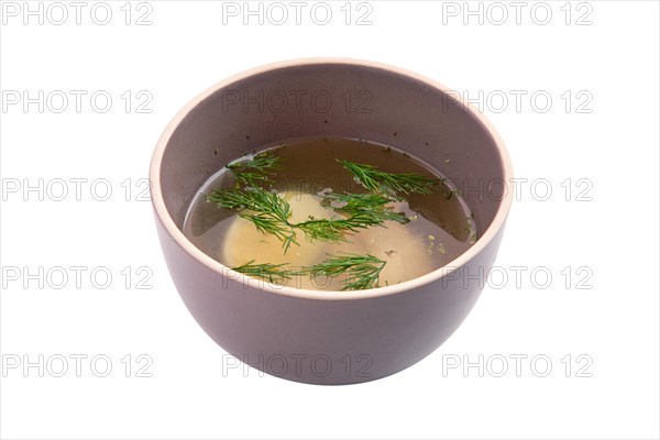 Chicken bouillon with egg isolated on white background