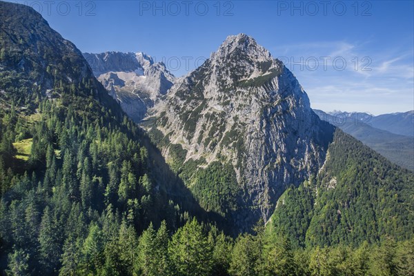 Hoellental with summit of Zugspitze 2962m and Waxenstein 2277m