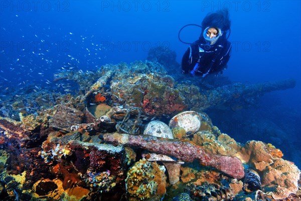 Diver swimming over shipwreck from naval battle in the Pacific from World War II