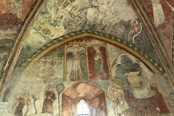 Blassac village. Church mural painting. Haute-Loire department. Auvergne Rhone Alpes. France