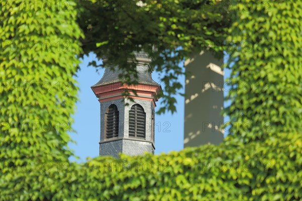 View through overgrown wall with vines and church tower of St. Peter and Paul