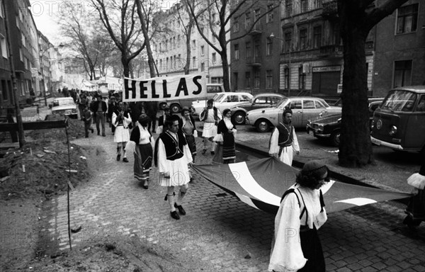 A demonstration with folklore elements in Duesseldorf on 25. 5. 1971 against the rule of a military junta and for democracy in their country by Greek guest workers and Germans