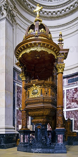 Interior view of Berlin Cathedral with pulpit