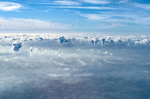 View of in the middle vertical emission of power plants of energy provider at left Lower Rhine