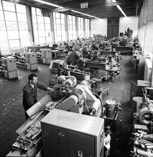 Older workers are retrained in metal trades as locksmiths and lathe operators in the Krupp AG workshops in Bochum in 1967