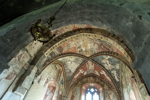 Blassac village. Church mural painting. Haute-Loire department. Auvergne Rhone Alpes. France