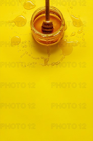 Jar with honey table with copy space