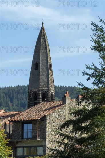 Typical steeple of Saint-Cirgues. Haut-Allier region. Haute-Loire department. Auvergne Rhone Alpes. France