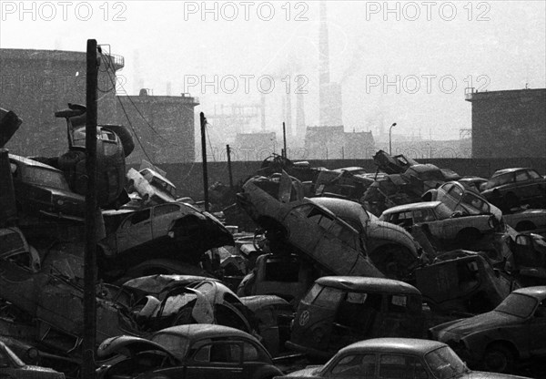 Pile of scrap cars on 25. 2. 1972 in Duisburg