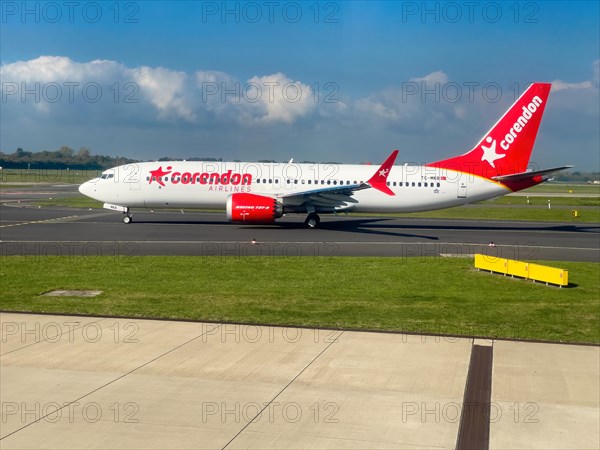 Aircraft Passenger Jet Jet Jet Jet Passenger Jet Jet Corendon Airlines Boeing 737-8 MAX TC-MKB in waiting position on taxiway taxiway in front of takeoff takeoff at Duesseldorf International Airport