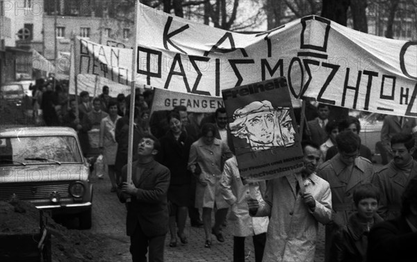 A demonstration with folklore elements in Duesseldorf on 25. 5. 1971 against the rule of a military junta and for democracy in their country by Greek guest workers and Germans