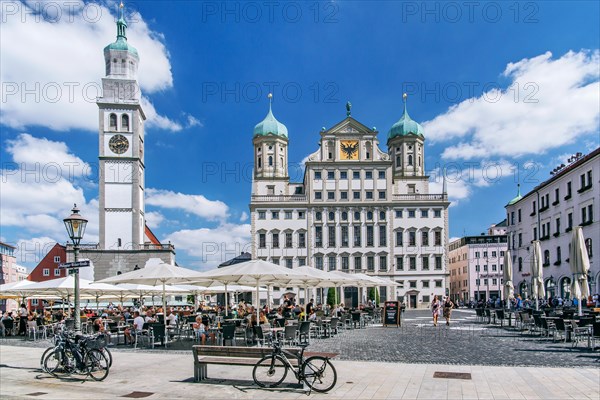 Restaurant terraces on the town hall square with Perlachturm and town hall