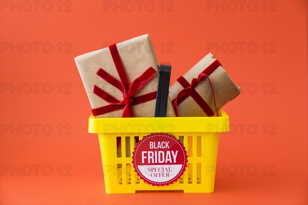 Black friday decoration with gifts basket