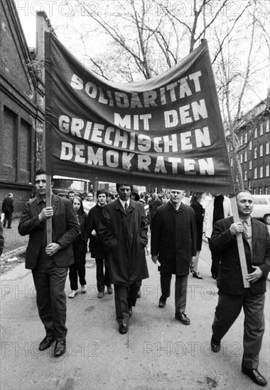 A demonstration with folklore elements in Duesseldorf on 25. 5. 1971 against the rule of a military junta and for democracy in their country by Greek guest workers and Germans