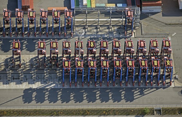 Aerial view of the straddle carrier fleet at Tollerort in the Port of Hamburg