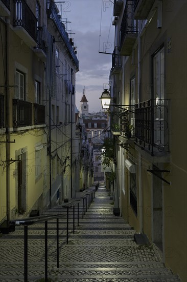 Stairway in a narrow alley just before sunrise
