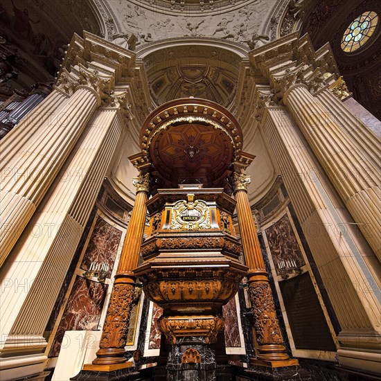 Interior view of Berlin Cathedral with pulpit