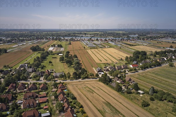Aerial view of the landscape around the Fuenfhausen district in the Kirchwerder borough of Hamburg