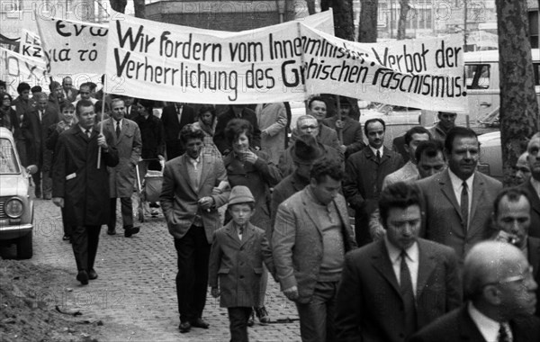 A demonstration with folklore elements in Duesseldorf on 25. 5. 1971 against the rule of a military junta and for democracy in their country by Greek guest workers and Germans