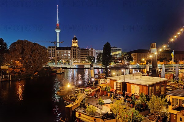 Historic harbour with museum ships and television tower in the blue hour