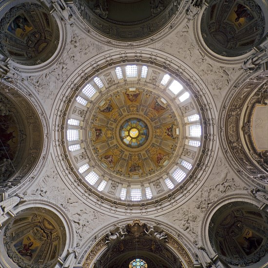 View into the dome with central Holy Spirit window with cupola windows