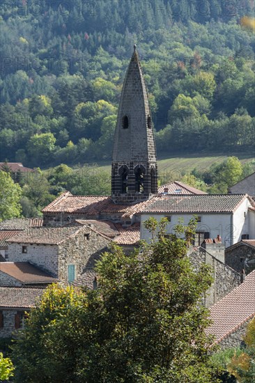 Typical steeple of Saint-Cirgues. Haut-Allier region. Haute-Loire department. Auvergne Rhone Alpes. France