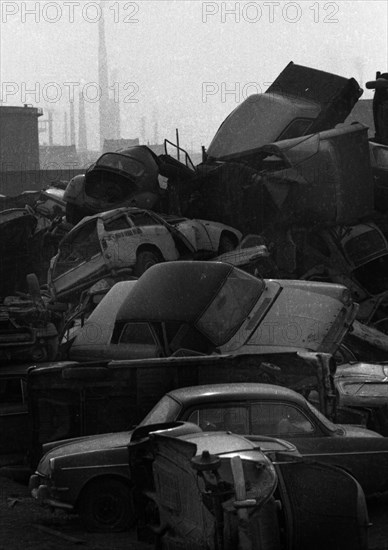 Pile of scrap cars on 25. 2. 1972 in Duisburg