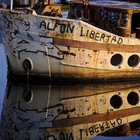 Shipwreck of the MS Dr. Ingrid Wengler in the Spree in early morning light