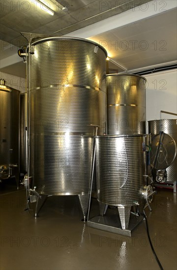 Stainless steel tanks for the fermentation of wine in the St Jodern winery
