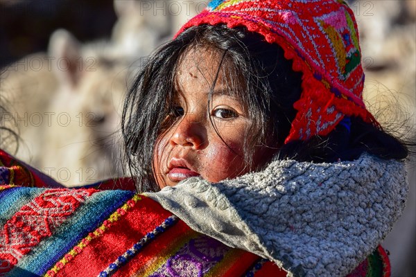 Small child in sling in traditional dress of the Quechua Indians