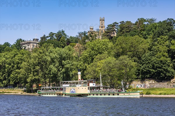 Paddle steamer in front of the Elbe castles Lingnerschloss and Schloss Eckberg on the Elbe