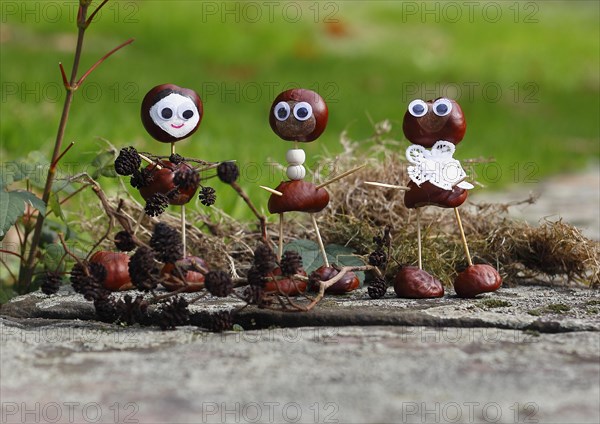 Three funny chestnut figures in the garden