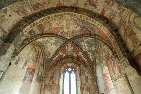 Blassac village. Church mural painting. Haute-Loire department. Auvergne Rhone Alpes. France