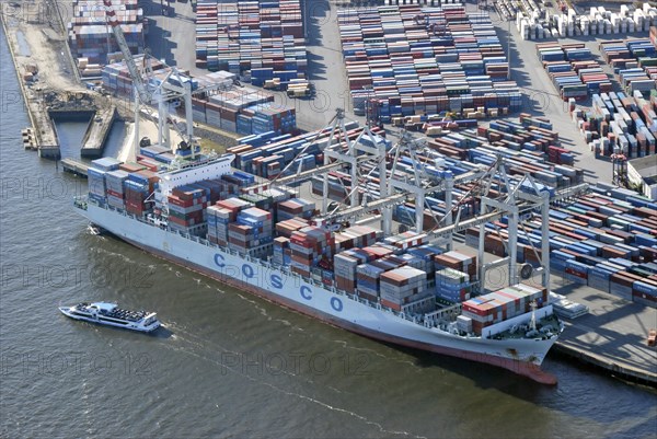 Aerial view of a container ship of the Chinese shipping company COSCO