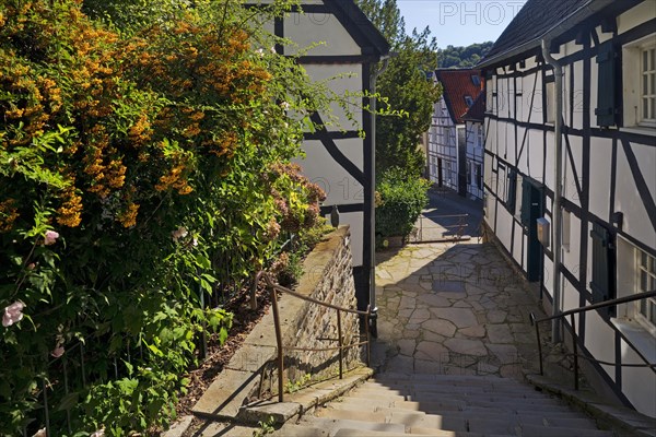 Half-timbered houses on the church steps in Kettwig