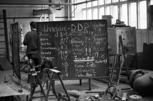 The picture was taken between 1965 and 1971 and shows a photographic impression of everyday life in this period of the GDR. Bitterfeld . Industrial complex. Football fans