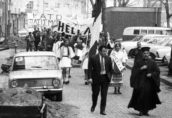 A demonstration with folklore elements in Duesseldorf on 25. 5. 1971 against the rule of a military junta and for democracy in their country by Greek guest workers and Germans