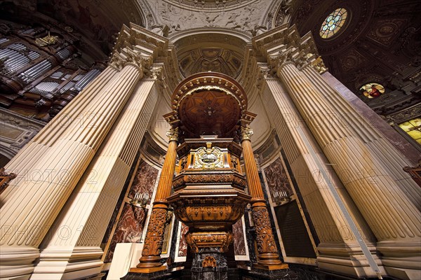 Interior view of Berlin Cathedral with pulpit