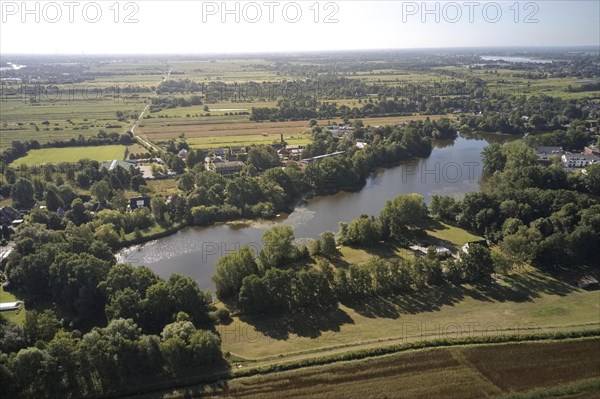 Aerial view of the landscape around Sandbraak Lake in the Hamburg district of Fuenfhausen. Kirchwerder