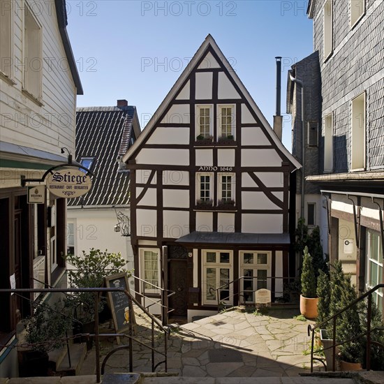 Half-timbered houses on the church steps in Kettwig