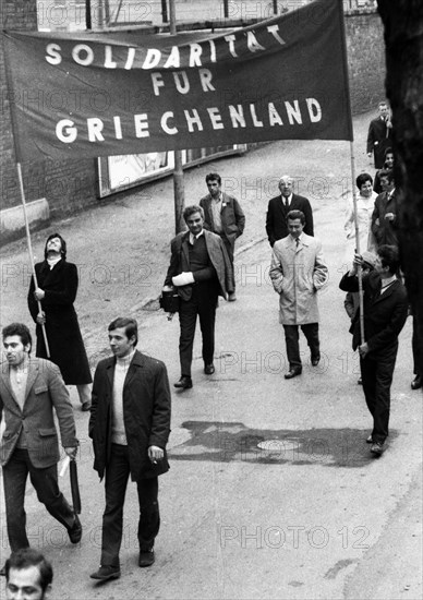 A demonstration with folklore elements in Duesseldorf on 25. 5. 1971 against the rule of a military junta and for democracy in their country by Greek guest workers and Germans