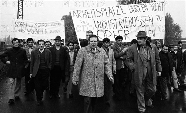 Employees of the Duesseldorf -Reisholz steel and tube works demonstrated on 6 November 1973 in Langenfeld-Immigrath against the loss of jobs