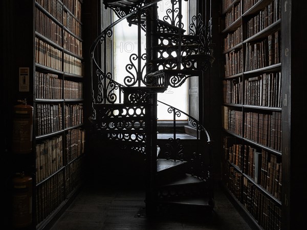 Spiral staircase and bookshelves