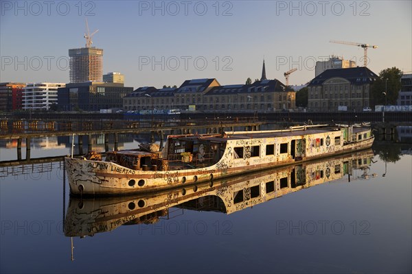 Shipwreck of the MS Dr. Ingrid Wengler in the Spree in early morning light